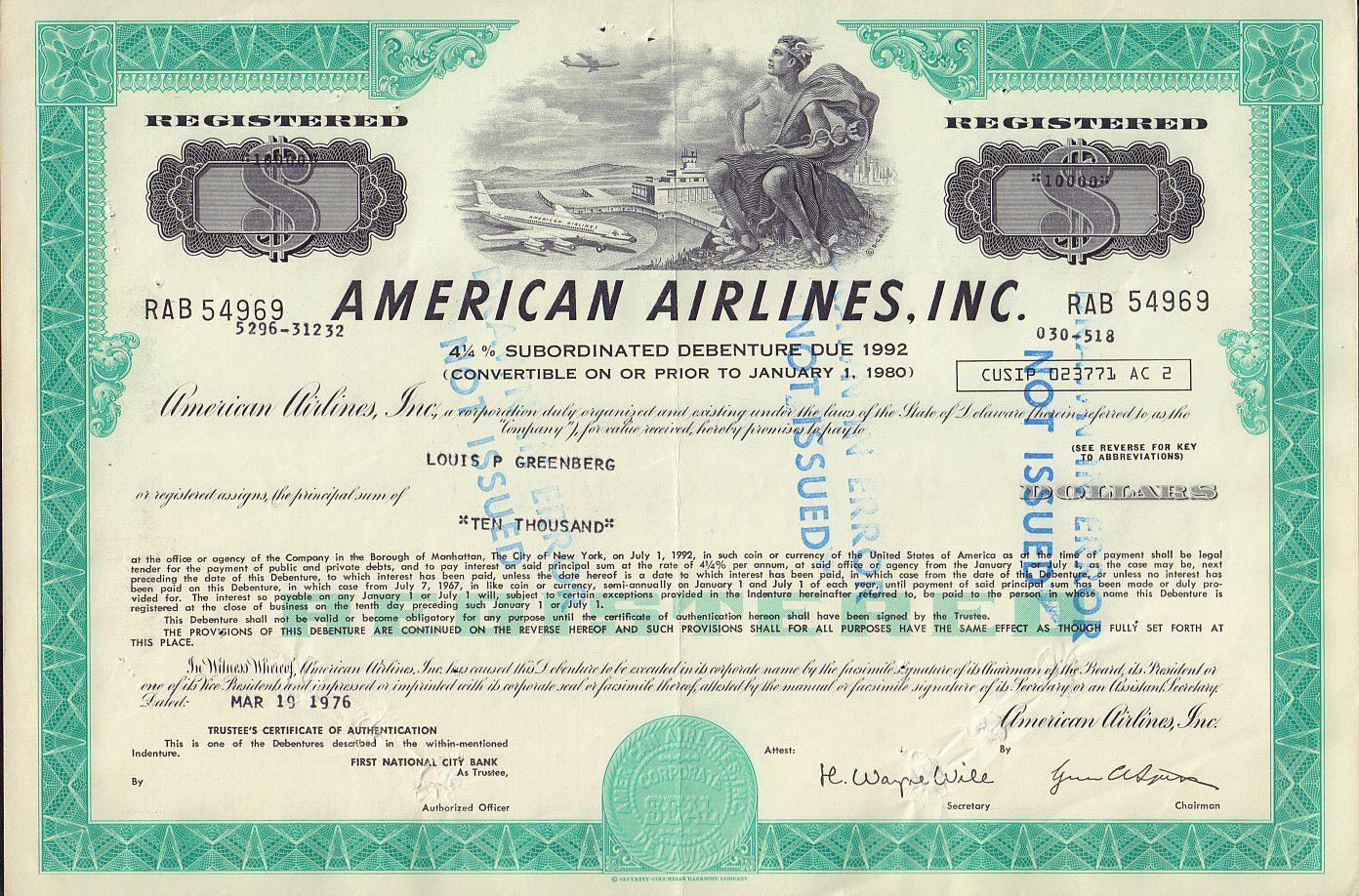 Aa : American Airlines Fort Worth Tx   1976 Issued To Louis Greenberg